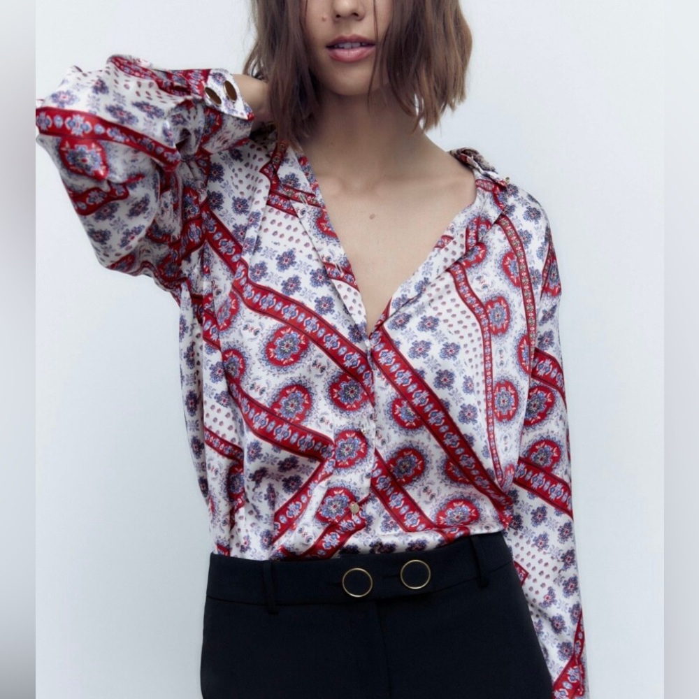 ZARA Patchwork Floral Satin Shirt Blouse XXL